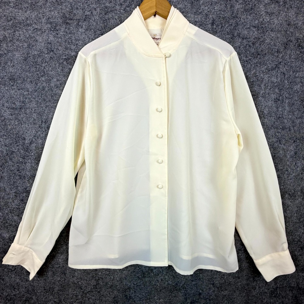 Vintage Worthington Secretary Blouse Womens 14 Cream Sheer High Neck Office Chic